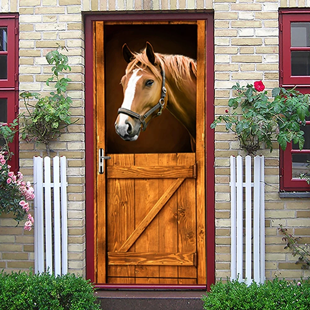 Horshi In Stock 77X200CM  DIY 3D Door Sticker Mural Horse Western Removable Waterproof Wall Sticker