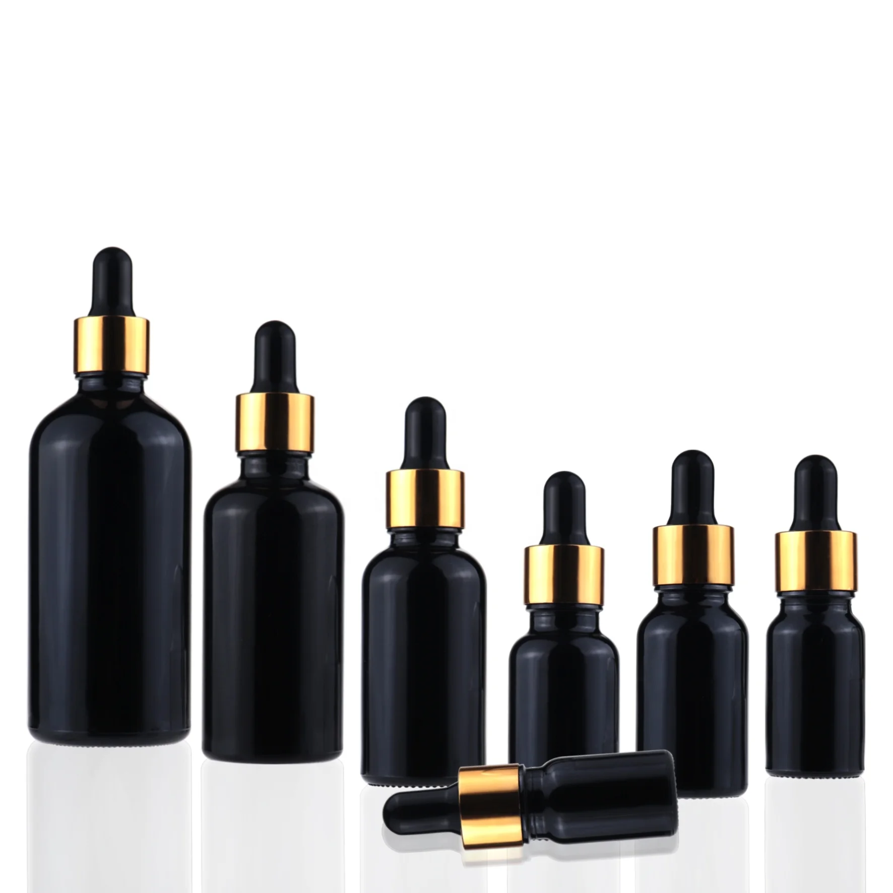 Factory Direct Supply 5ml 10ml 15ml 20ml 30ml 50ml 100ml 200ml round black essential oil glass dropper bottle