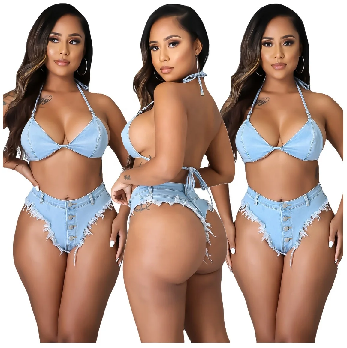 2022 Summer New Sexy Denim Strappy Swimsuit Ladies Two Piece Swin Suit Womens Underwear Bikini Set
