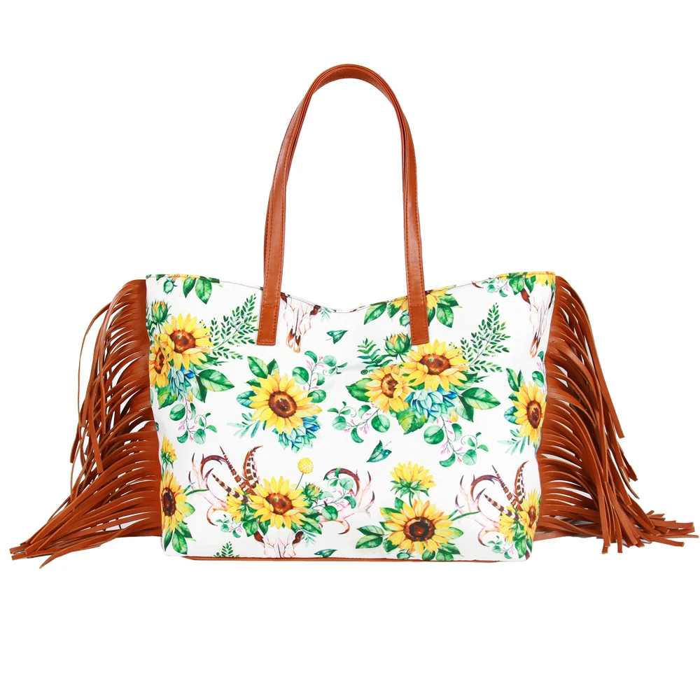 Wholesale luxury designer Hot sale sunflower printing PU women handbags high quality fringe purse wholesale with wristlet