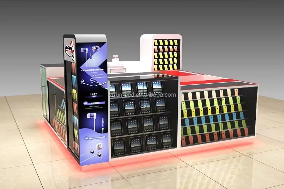 Factory Custom Mobile Phone Case Showcase with Lights Cellphone Repair Counter Display Modern Cell Phone Kiosk for Sale