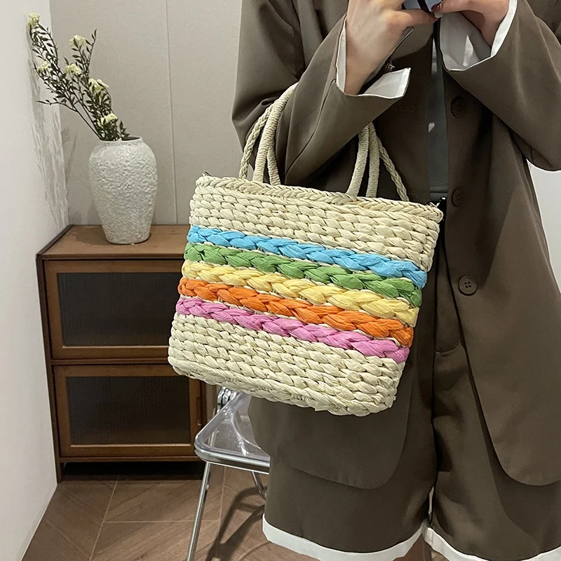2024 Large Size Woven Straw Handbags Crossbody Rattan Handbag Buscket Bag Ladies Beach Travel Bag for Women