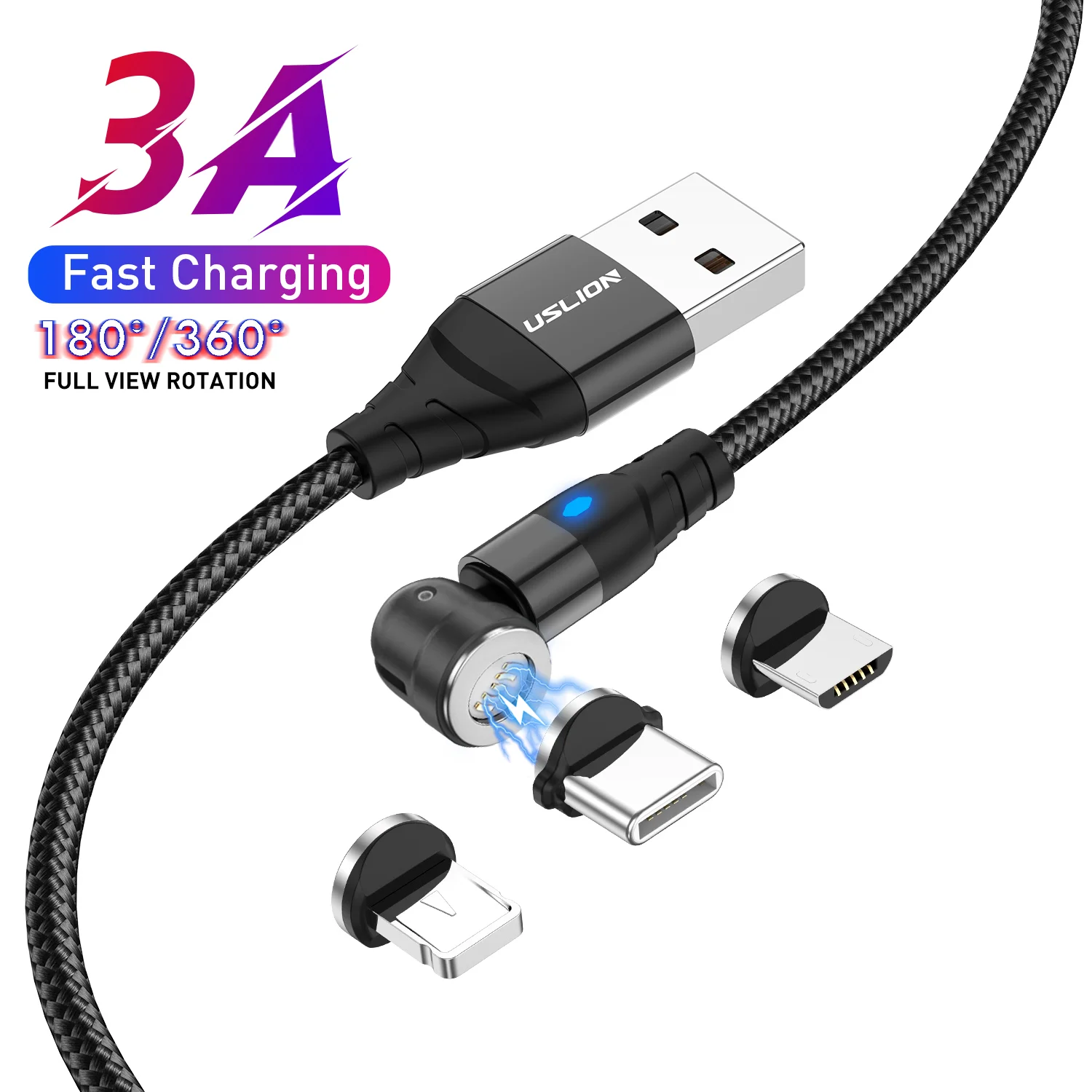  Магнитный зарядный кабель USLION OEM 3 в 1 с поворотом на 540 градусов usb-кабель Type C Micro USB 8 Pin android