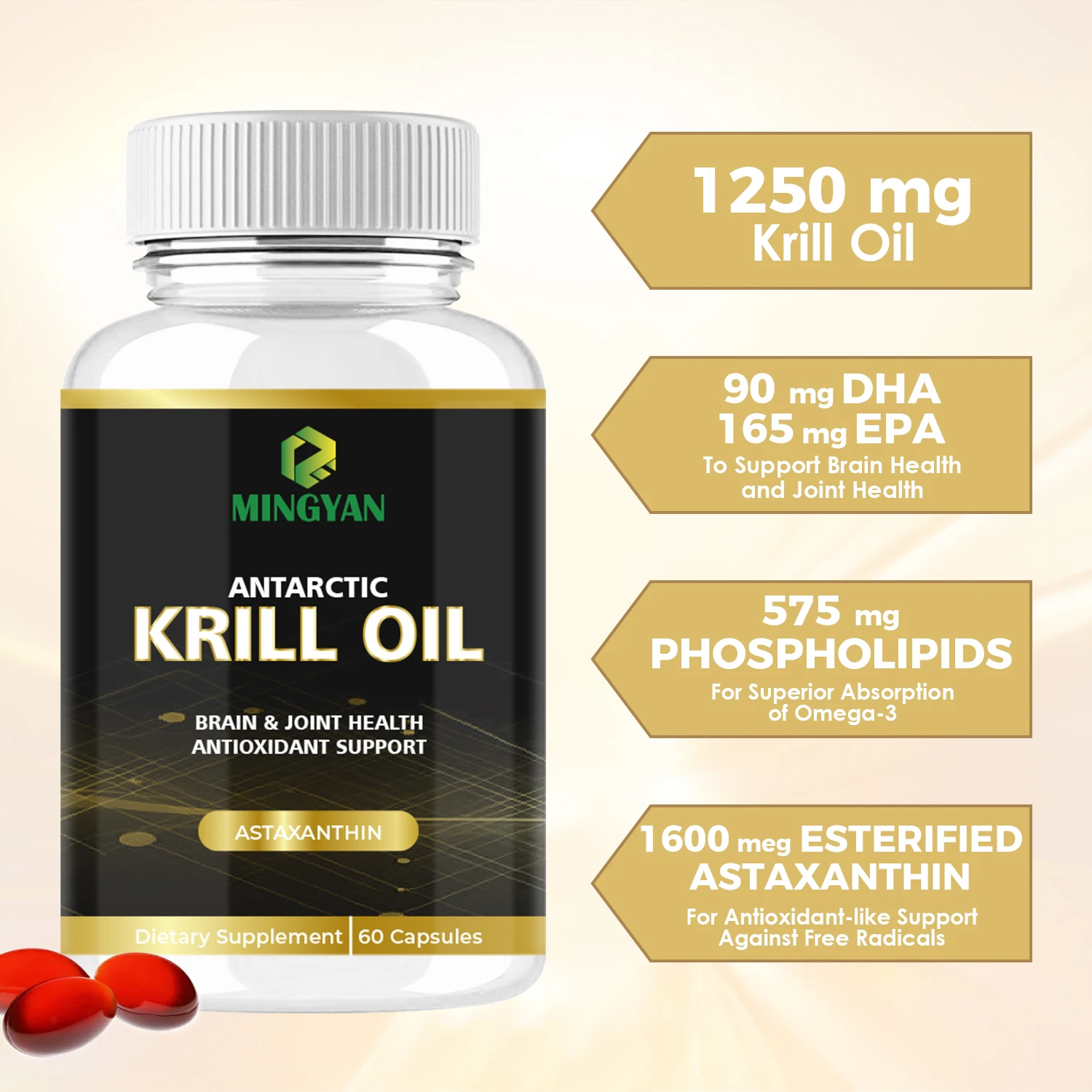 OEM/ODM Krill Oil Omega 3 Fatty Acid Supplements 1250 mg, High EPA DHA & Astaxanthin Concentration for Brain, Joint Health