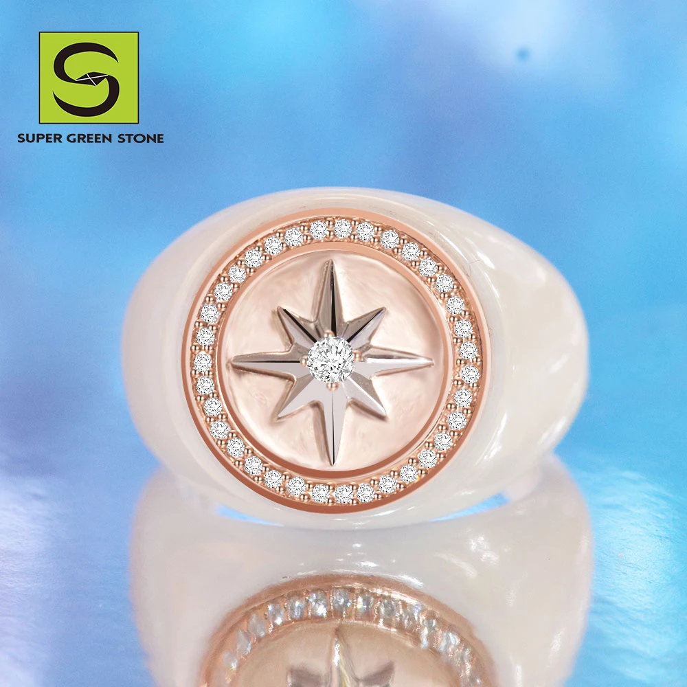 Octagram Design Dropshipping White Ceramic Rings 18K Gold Lab Grown Diamond Iced Out Jewelry Men Jewelry