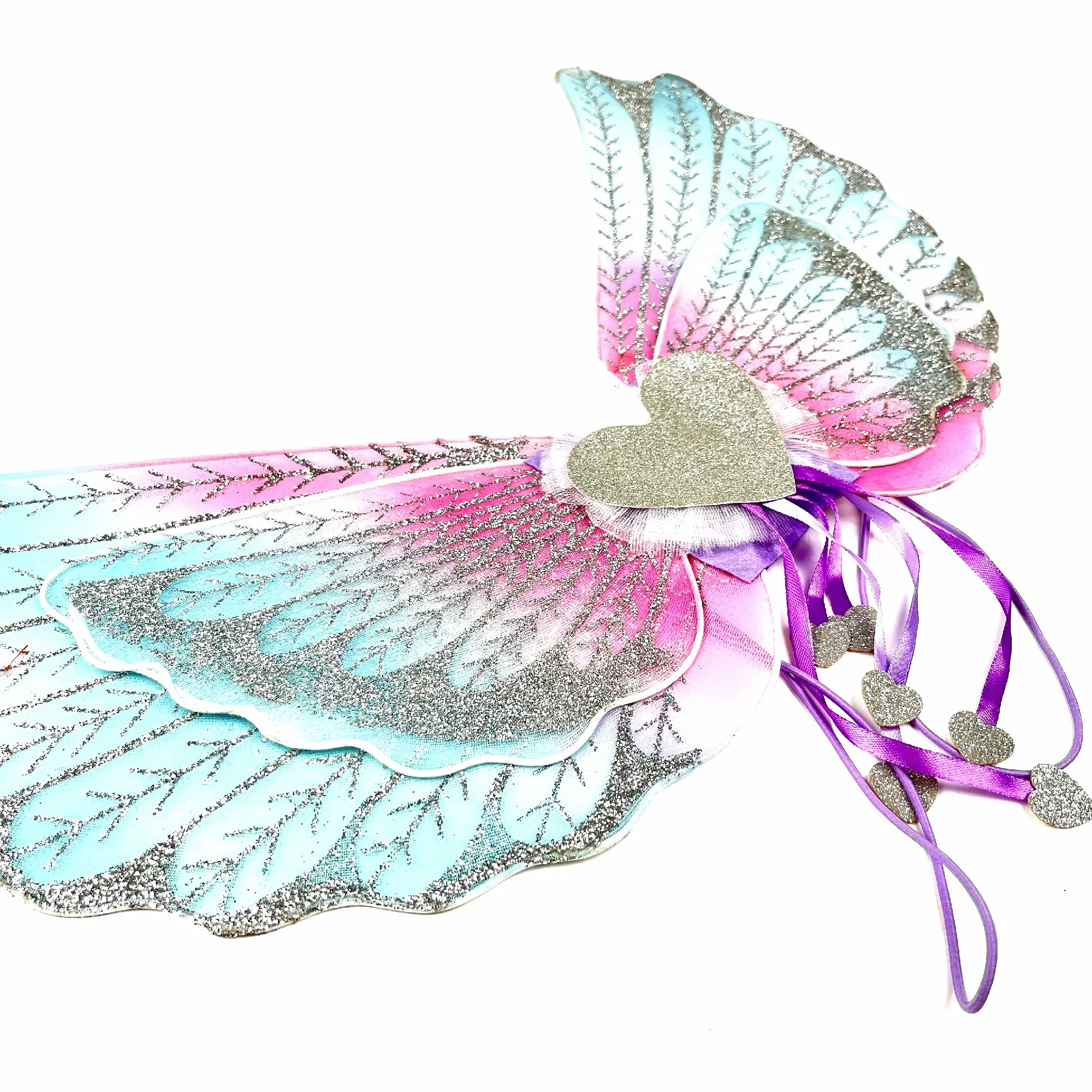 Fancy Cupid Valentines Angel Fairy Wings for Birthday Party Adults Kids with Sparkles Shimmering Hearts Nylon Fairy Wings