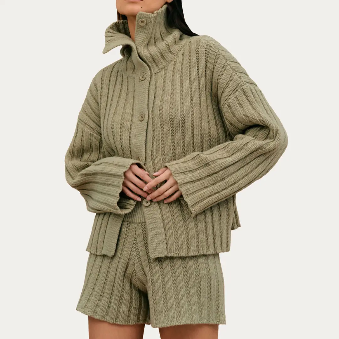 Ladies Set Rib Knit High Neck Cotton Drop Shoulder Cardigan and Shorts for Womens Sets Suit