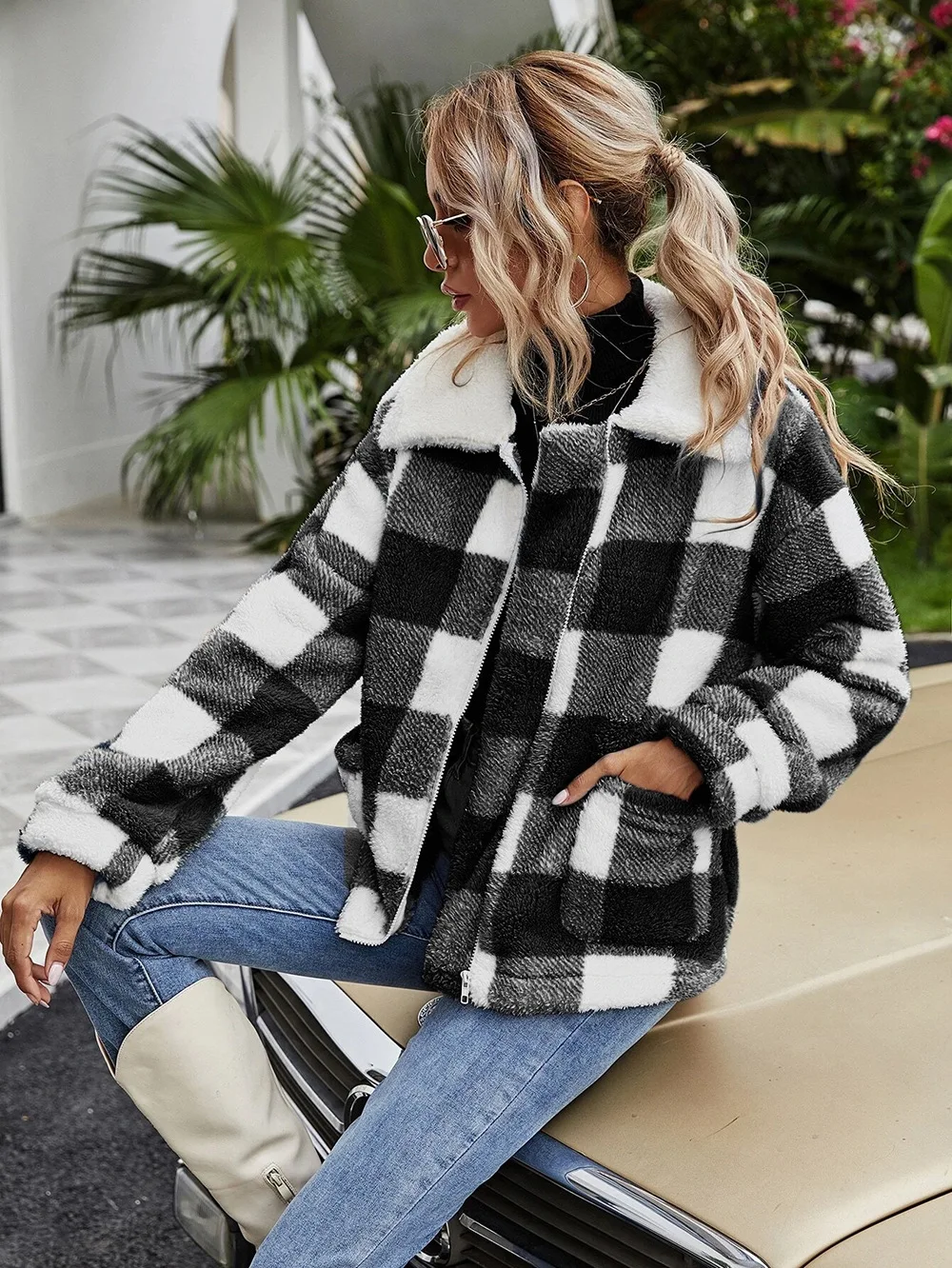 2022 Custom Autumn Women Casual Lapel Button Down Plaid Fleece Coat Tartan Shacket Women Fleece Jackets