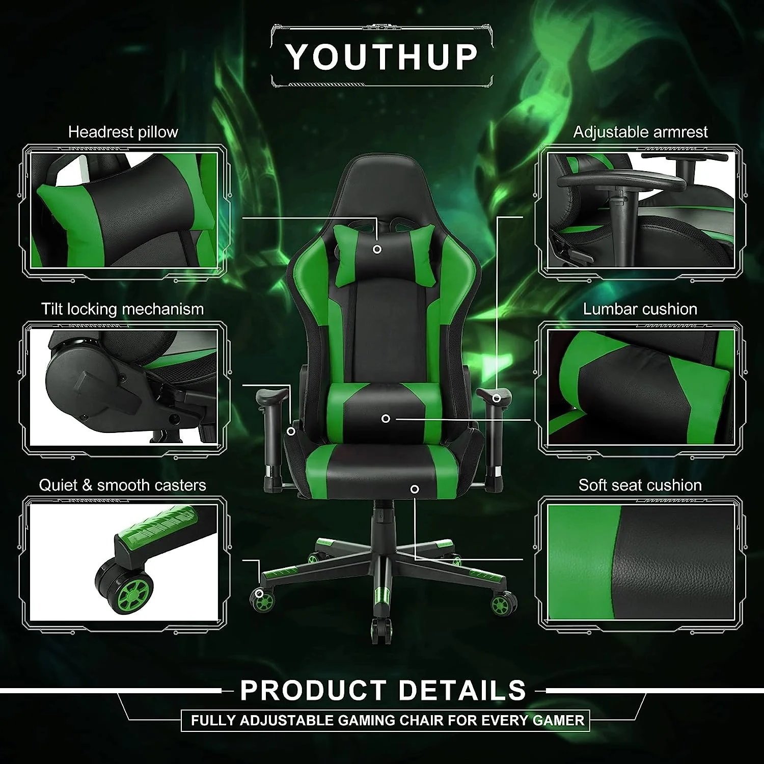JL Wholesale pvc ddp oem black led pro chaise gamer massage pc cheapest green rgb cadeira gamer gaming chair with speaker