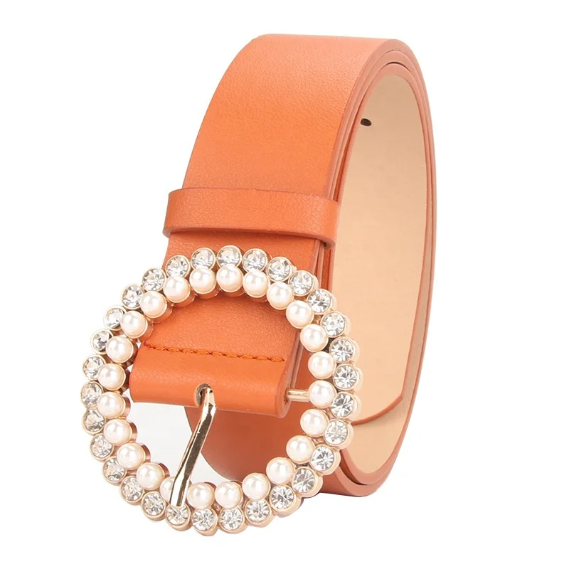 Alloy Diamond Pearls Buckle Belts for Women PU Leather Waist Belts Ladies Waistband for Dress