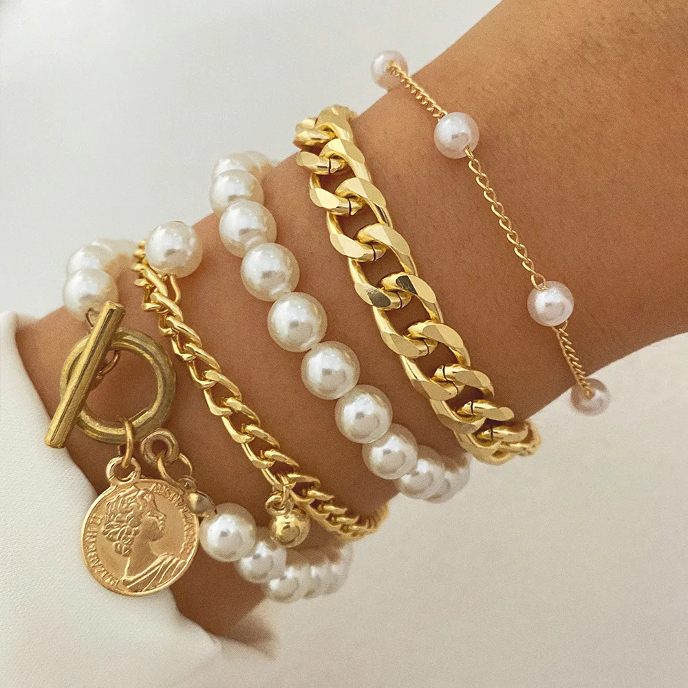 High Quality Gold Plated Fashion Bracelet Jewelry Cuban Snake Bead Chain Bracelet Bangle Bracelet set