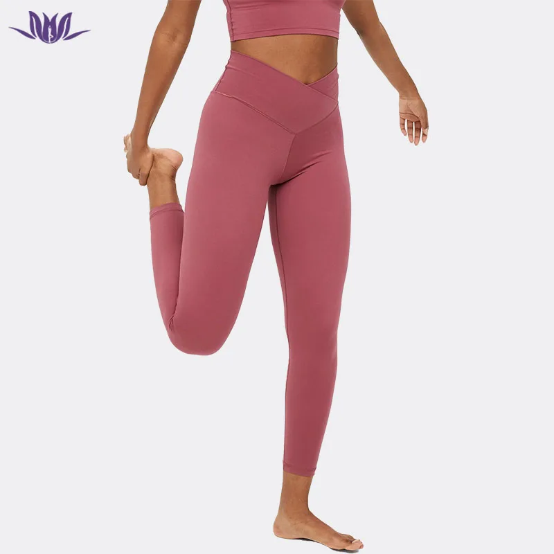 2022 Custom Active Stretchy Outfits Cross Waist Slim-cut Workout Solid Date Red Color  Women Gym Yoga Legging