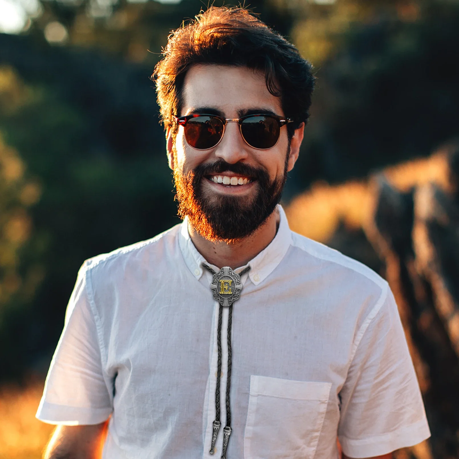 Western Cowboy Leather Bolo Tie with Golden Initial ABCJ Z Gold Necklace and Necktie Accessories for Women and Men