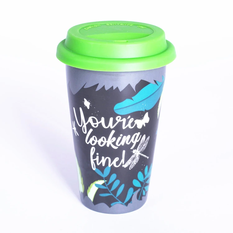 OEM экологически чистый Пользовательский логотип роскошный черный цвет Двойная Стенка керамическая кружка для путешествий с силиконовой крышкой