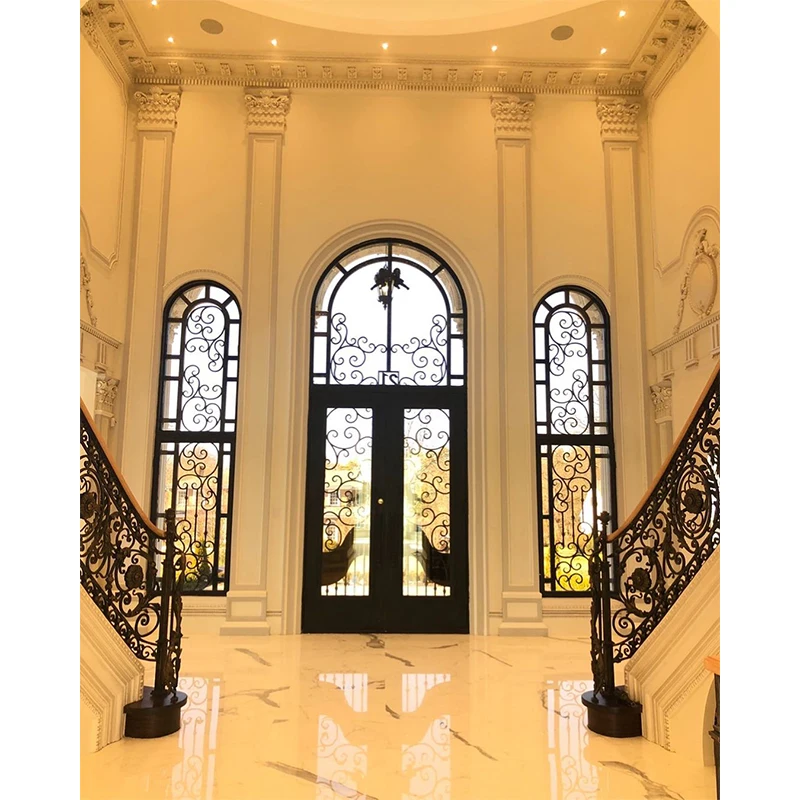 Alucasa luxury custom stair case balusters hand forged antique steel scrolls design security wrought iron railing