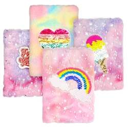 Wholesale A5 Journal Diary Colorful Rainbow Design Plush Notebook with Sequins Patch for kids