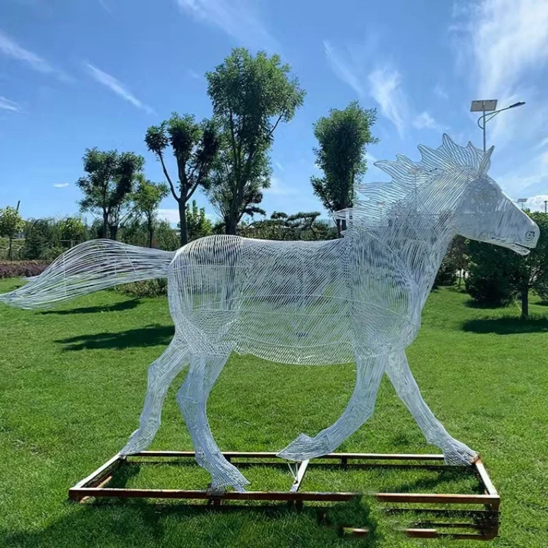Large Size Modern Stainless Steel Sculpture Outdoor Abstract Art Hollow Stainless Steel Wire Sculpture Metal Horse Statues