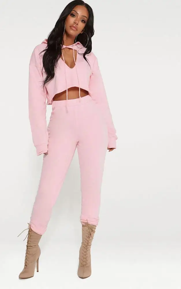 
WWK Custom Logo Dropshipping French Terry Hollow Out V Neck Pullover Crop Top Pants Casual Training Tracksuit for Women 