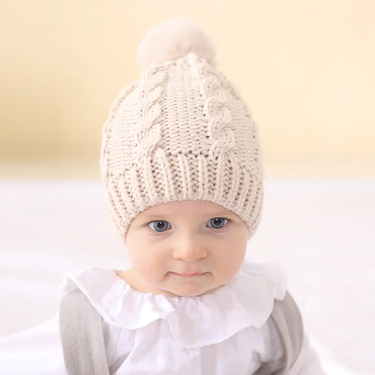 Kids wool ball pullover hat autumn and winter infant warm solid color knitted 5