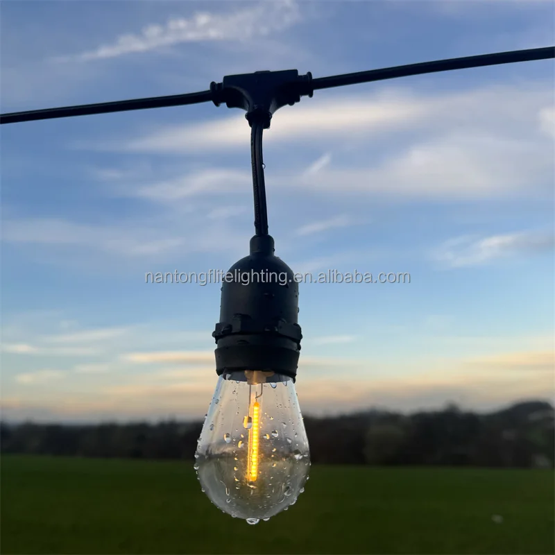 48FT 15sockets US Plug Commercial Grade Weatherproof Heavy Duty E26 S14 1W LED Bulb Festoon Outdoor String Lights