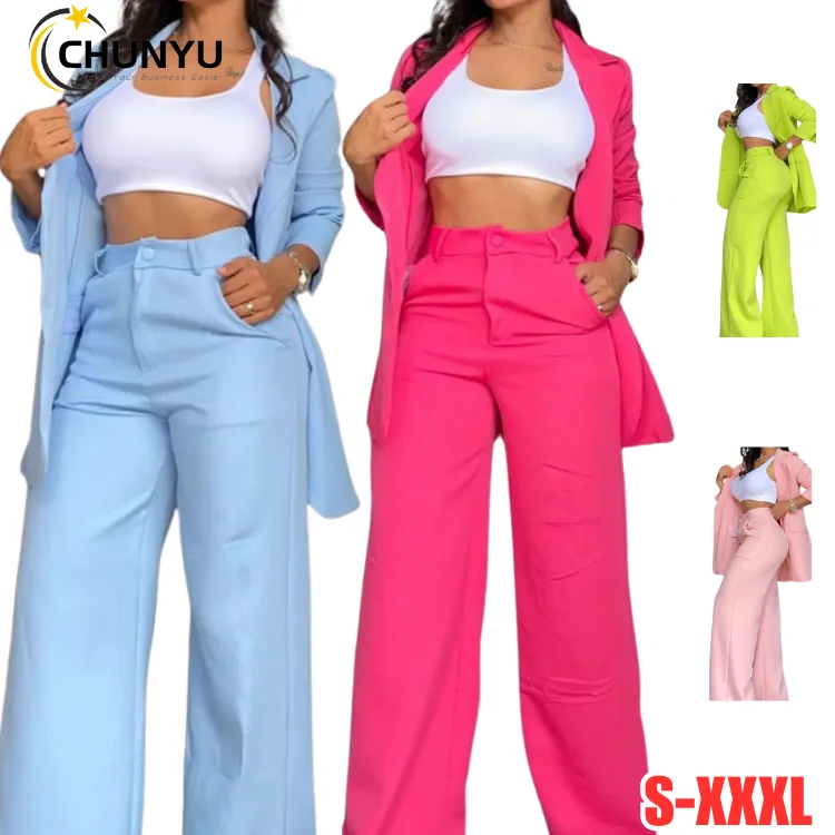 Casual Slim Fit Buttons Sexy Pink Solid Color Lapel Long Sleeve Blazer Jacket Wide Leg Pants Two Piece Suit Suits Set
