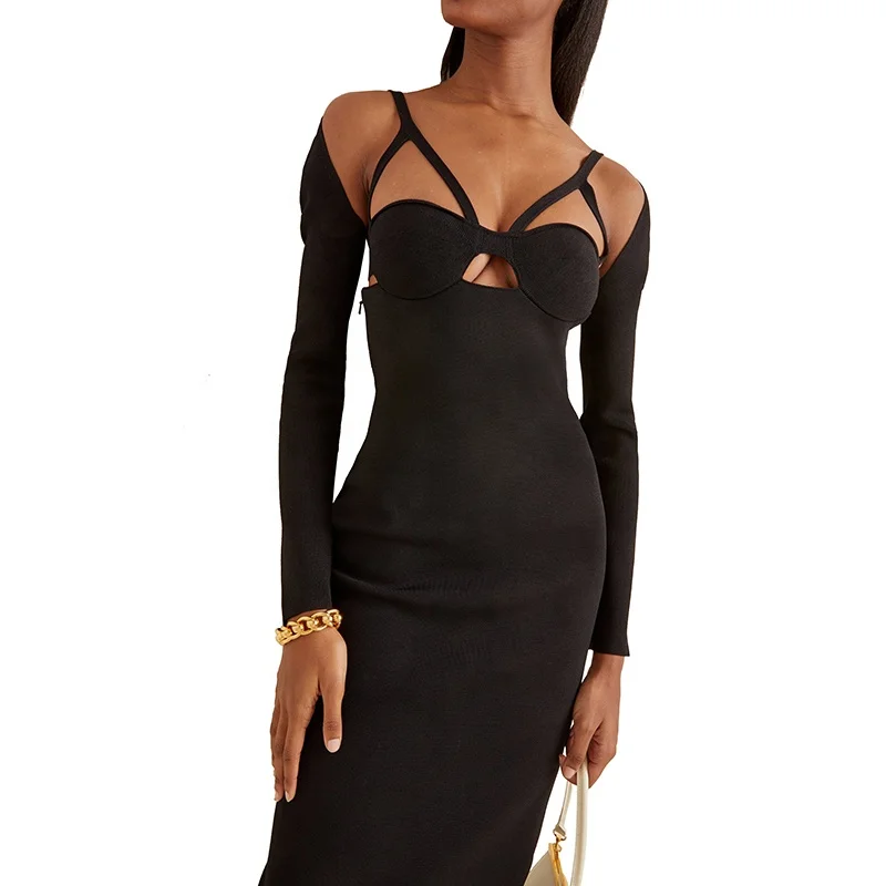 Hollow Knit Midi Dress Sexy Long Sleeve Ladies Pit Slim Hips Mini Tight Millennium Style Y2K Skirt Sweater Dress