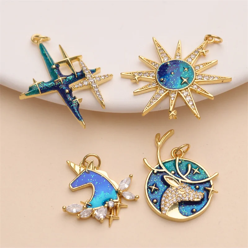 Brass 18K Gold Plated Star Sun Elk Unicorn Shaped Enamel Necklace Pendant Bulk for Necklace Making