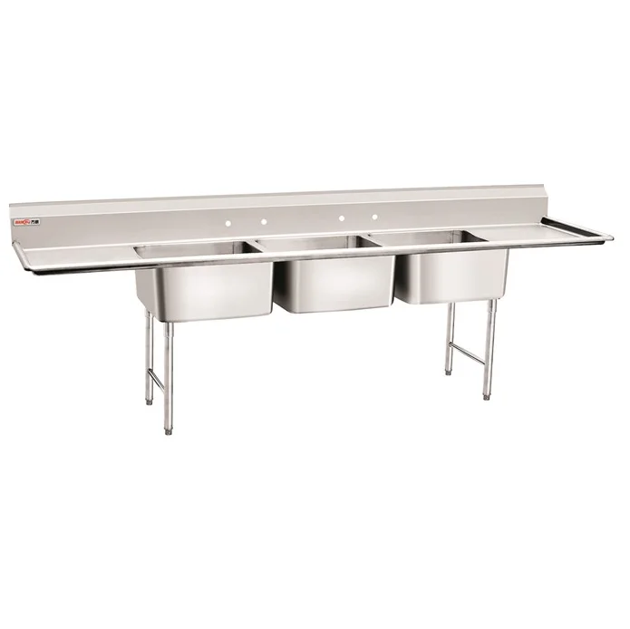 NSF American Style Stainless Steel Restaurant 3 Compartment Sink Table with Drainboard Commercial Food Prep Sink Table