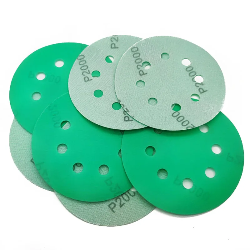 High Quality 5 Inch 8 Holes 125 mm Abrasive Sanding Disc Green Polyester Film Sandpaper for Sanding Backing Hook and Loop Pad