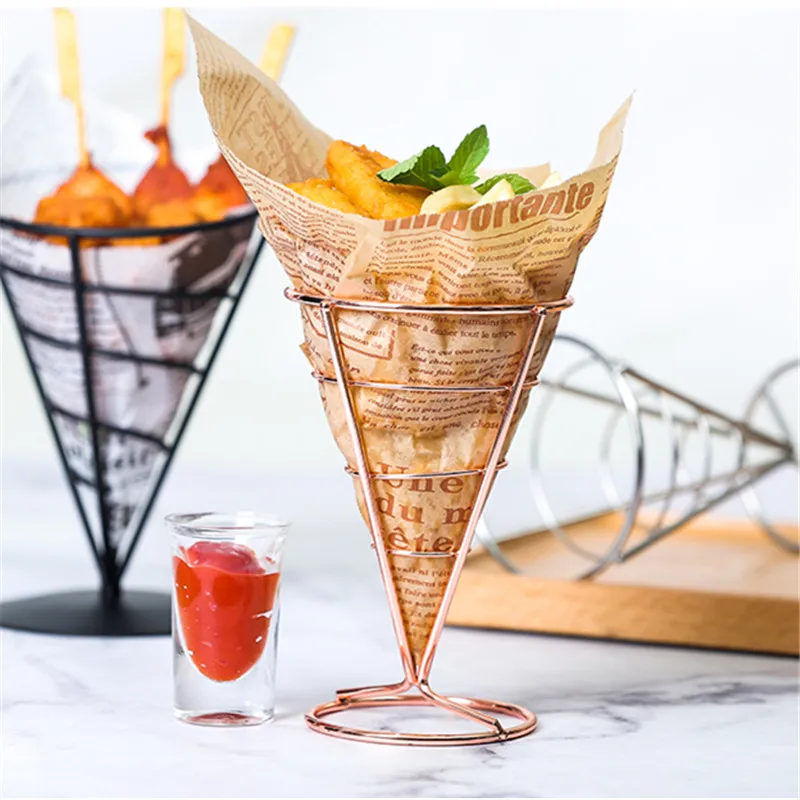 
Food Grade Metal Food Cone Snack French Fry Prawn Holder With Condiment Stand 