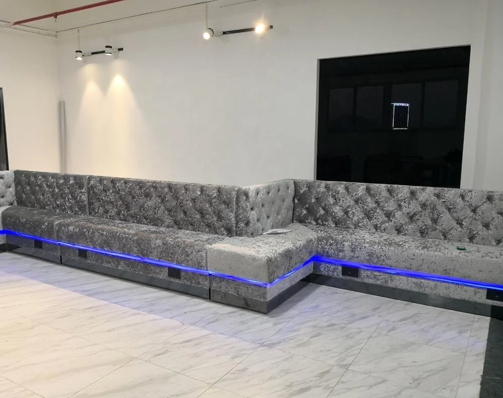 
LED stripes light booth seating for bar Bespoke bench tufted upholstery restaurant sofa restaurant furniture 