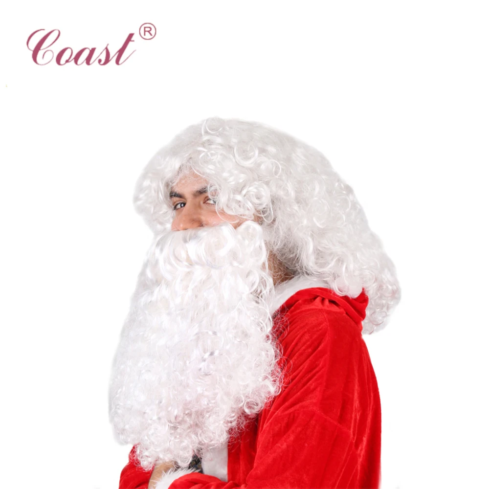 Модные дешевые синтетические парики для косплея, качественный белый парик Санта-Клауса и борода