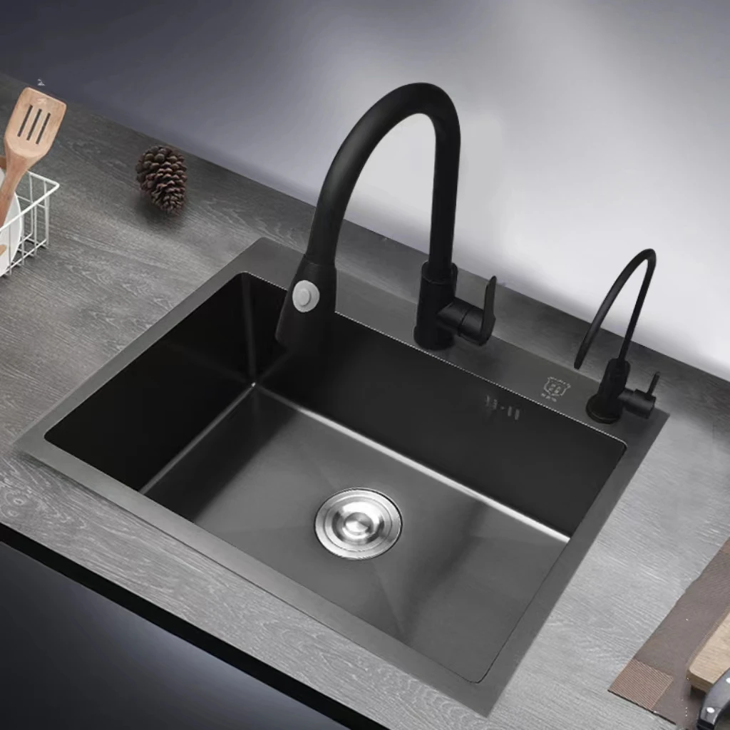 Factory Wholesale Luxury 304 Stainless Steel Single Basin Kitchen Sink Modern Black Nanomaterial Sink Durable Square Sink