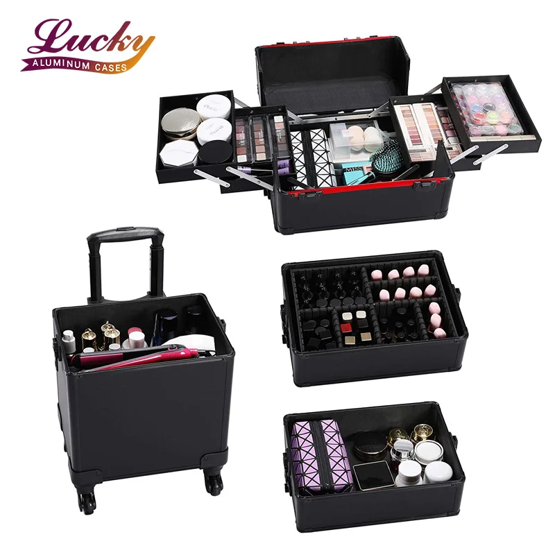 4 in 1 Premium Makeup Train Case 4 Wheels Rolling Cosmetic Trolley Lock Pull Rod Travel Artist Suitcase Portable
