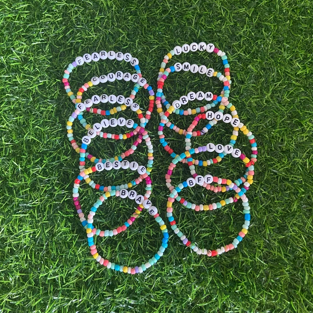 Custom Colorful Stretch Seed Beaded Bracelet for Women Monogram Initials LUCKY Friendship Bracelets