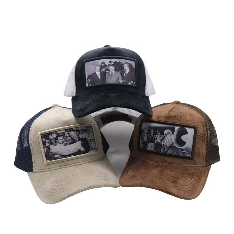 5 panel fuzzy mesh cap with fur fabrics custom embroidery logo velvet hard black trucker hat with printing patch