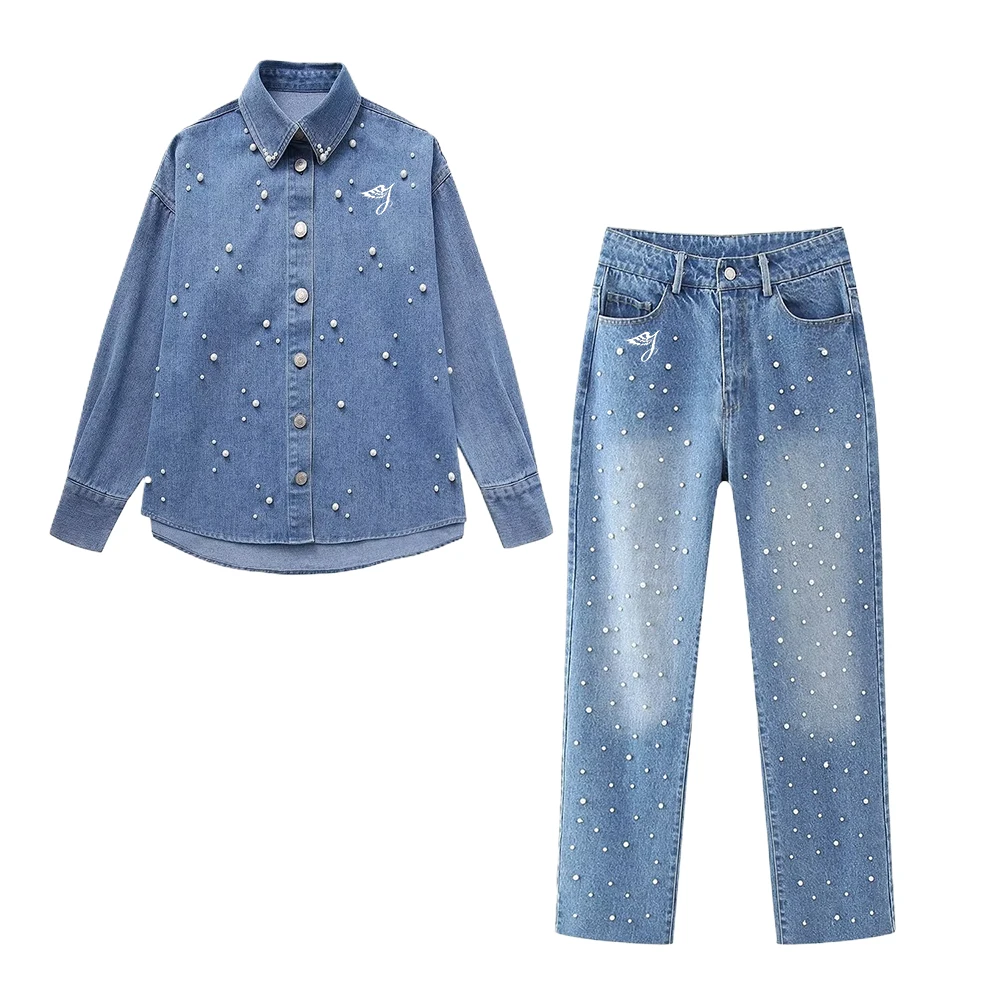 SMO blue pearl shirt rhinestone shirts women denim jean shirt For Ladies