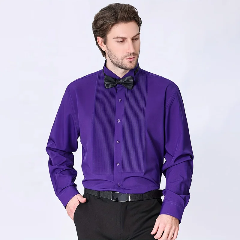 Mens Ruffled Tuxedo Shirts Stretch French Bow Tie Pleated Tops Mandarin Collar Blouse Slim Fit Wedding Outfits Formal Shirt