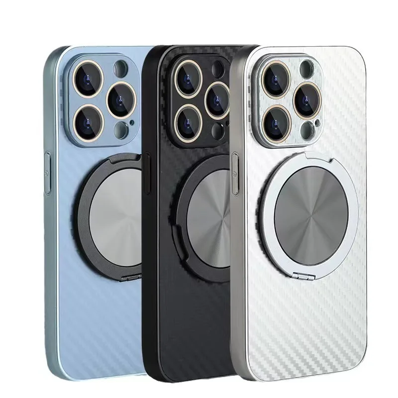 Carbon Fiber Materials Shell Lens Film Protective Phone Cover For iPhone 15 12 11 13 Pro Max 14 Plus With Holder Magnetic Cover