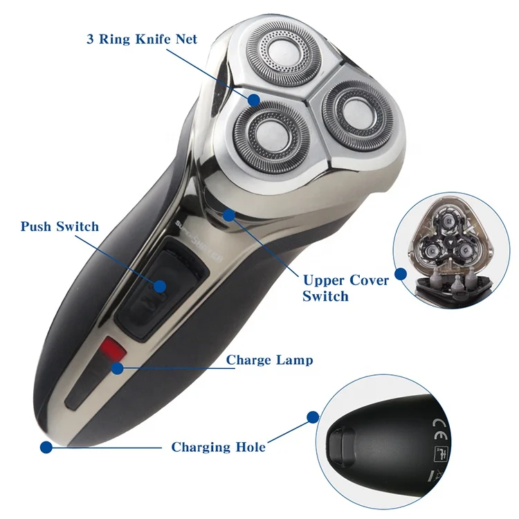 Safety Stainless Steel Rotary 3 Head Electric Shavers Men Waterproof Rechargeable Hair Shaving Machine