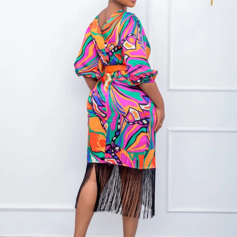 BOBOYU 2022 african women casual office dress fashion colorful printed half sleeve blazer dress elegant tassel dress with belt
