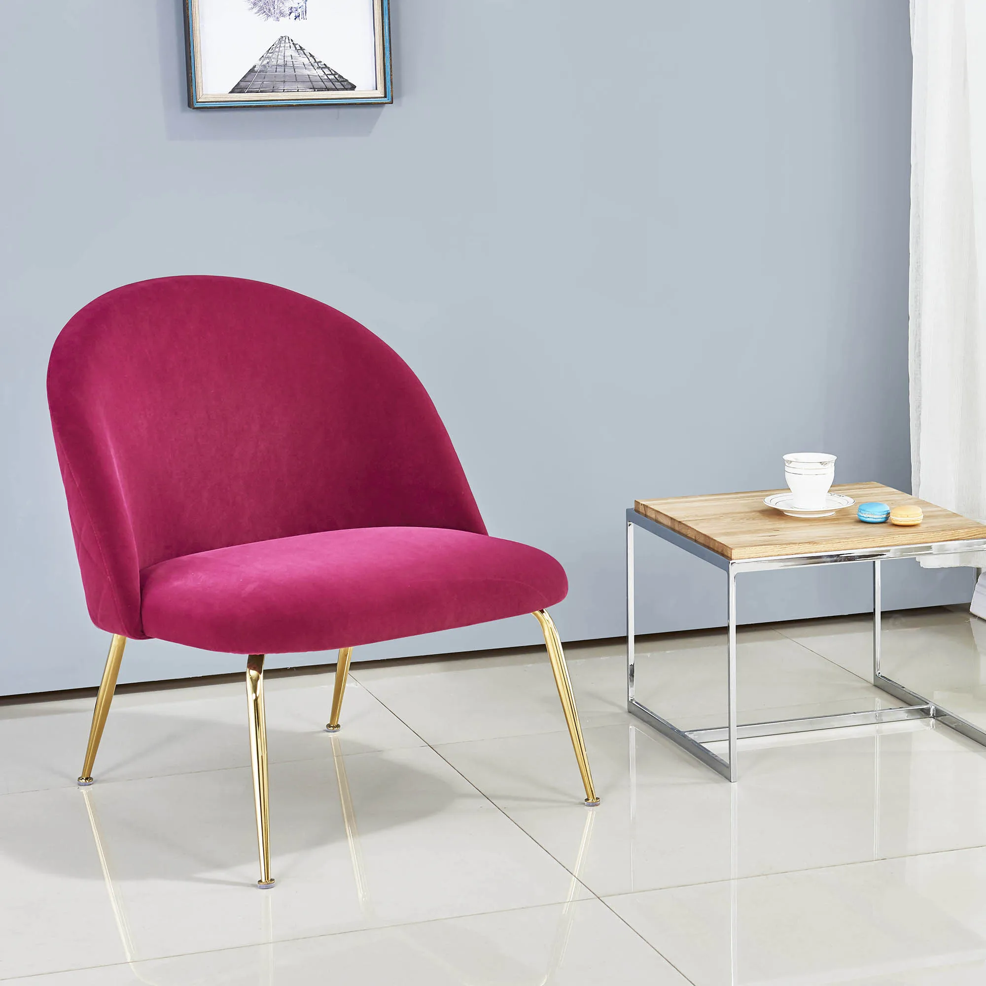 
modern luxury wine red velvet golden plating metal frame home lounge single sofa accent leisure chair for living room 