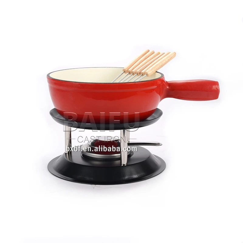 Enamel Cast Iron Cheese Fondue Pot Set Swiss Traditional Cast Iron Fondue Set For Cheese Meat Chocolate Cheese Fondue Party Set