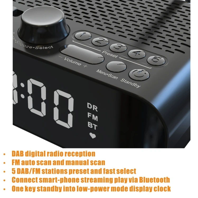 DAB-A5 LED Display Bedside DAB/FM Double Alarm Clock Independent Buttons Clock Radio with Wireless Speaker