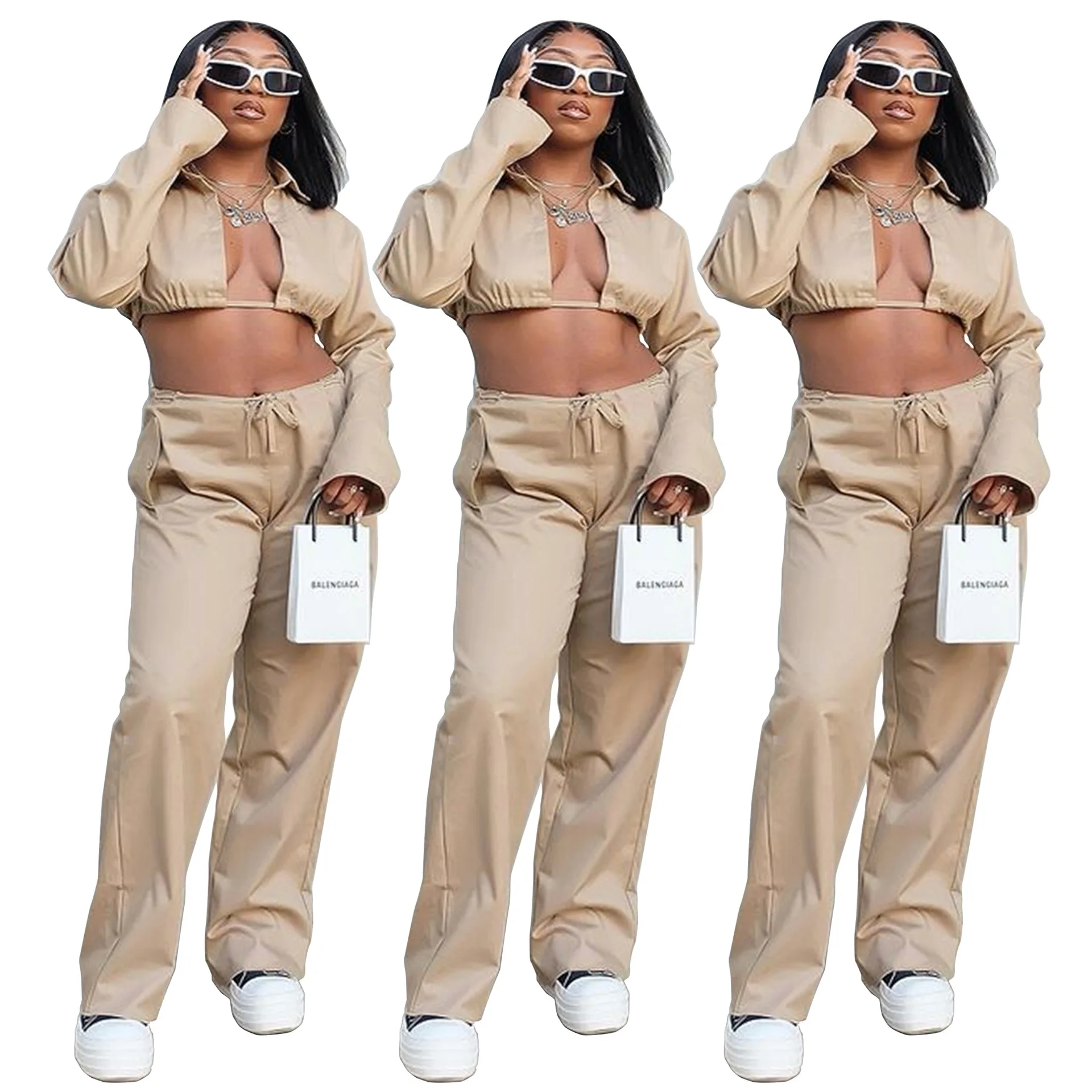 S9812-boutique clothing women solid fall streetwear drawstring shirt and pants sets women