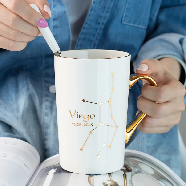 Cheap Price  White Black 12 Constellations Gold Pattern Ceramic Coffee Mug With Lid Spoon And Gold Handle For Souvenir