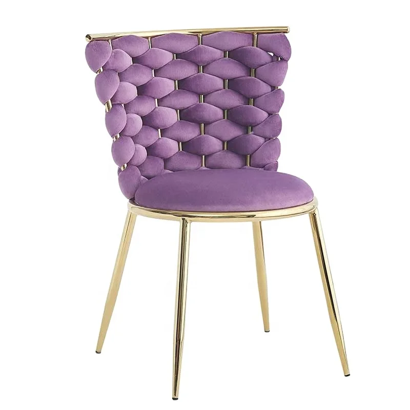 Modern  Restaurant furniture purple fabric weaving technology backrest gold electroplated frame dining chair