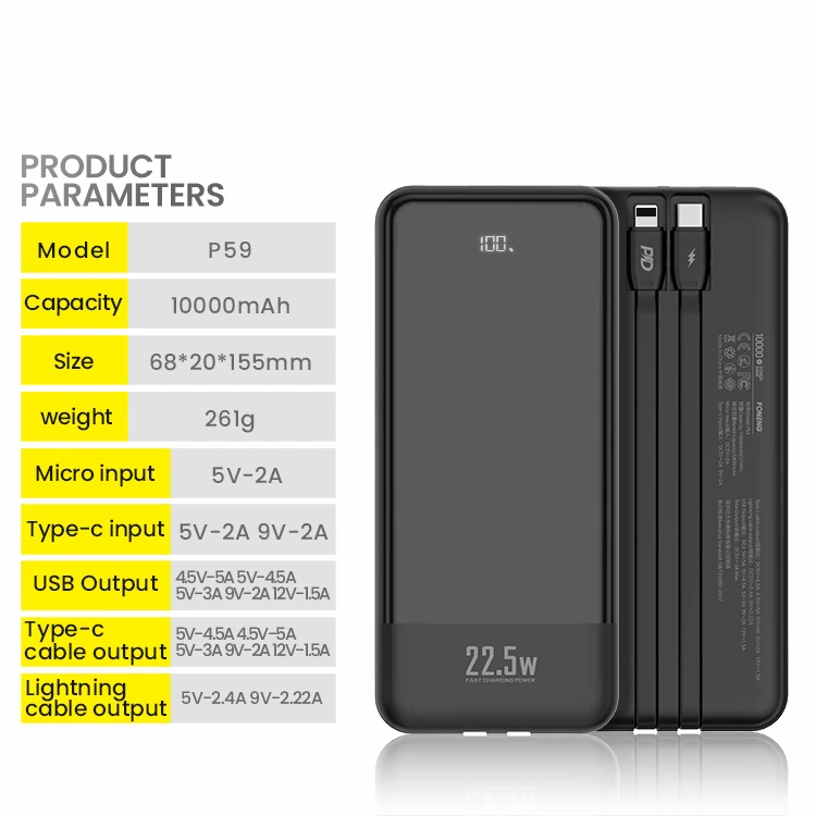 FONENG brand led display showing 10000mAh capacity power bank 22.5W fast charging slim body power bank buiding with cables