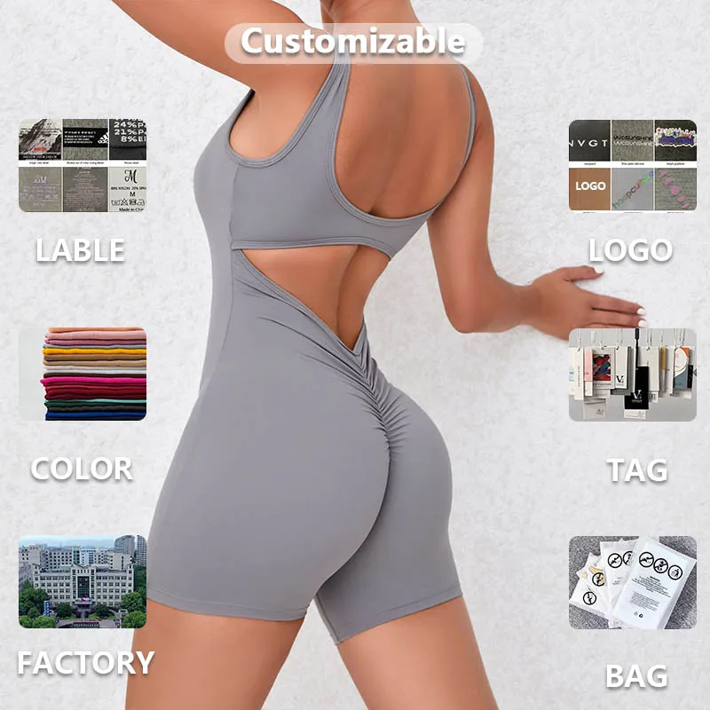 XW-4608 Training Sportswear Backless Scrunch Butt Gym red spandex fabric yoga sets fitness women sexy short Jumpsuits Playsuits