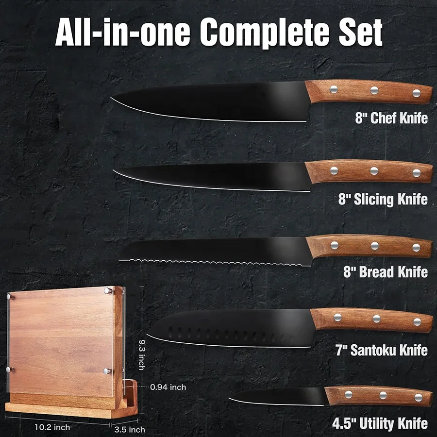 High quality black coated blade 3 rivets wooden handle knife set kitchen with block